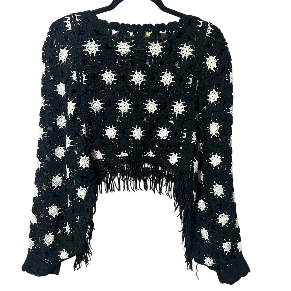 Black and White Crochet Fringe Swearer Poncho House of Harlow